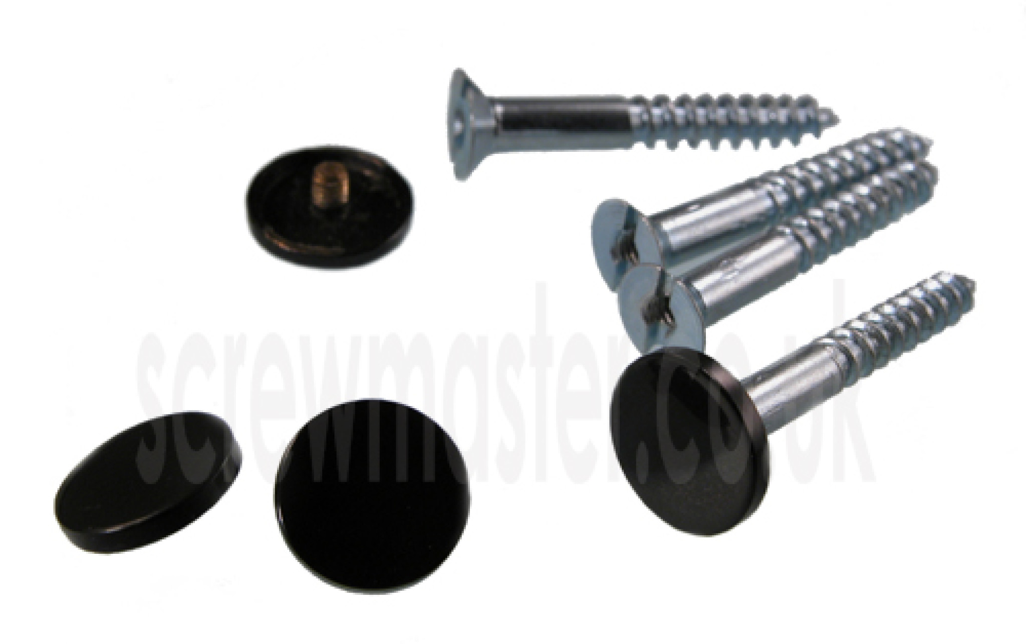 Pack of 4 Mirror Screws with Black Powder Coated Disc screw in Cap 15mm diameter flat Cover Head